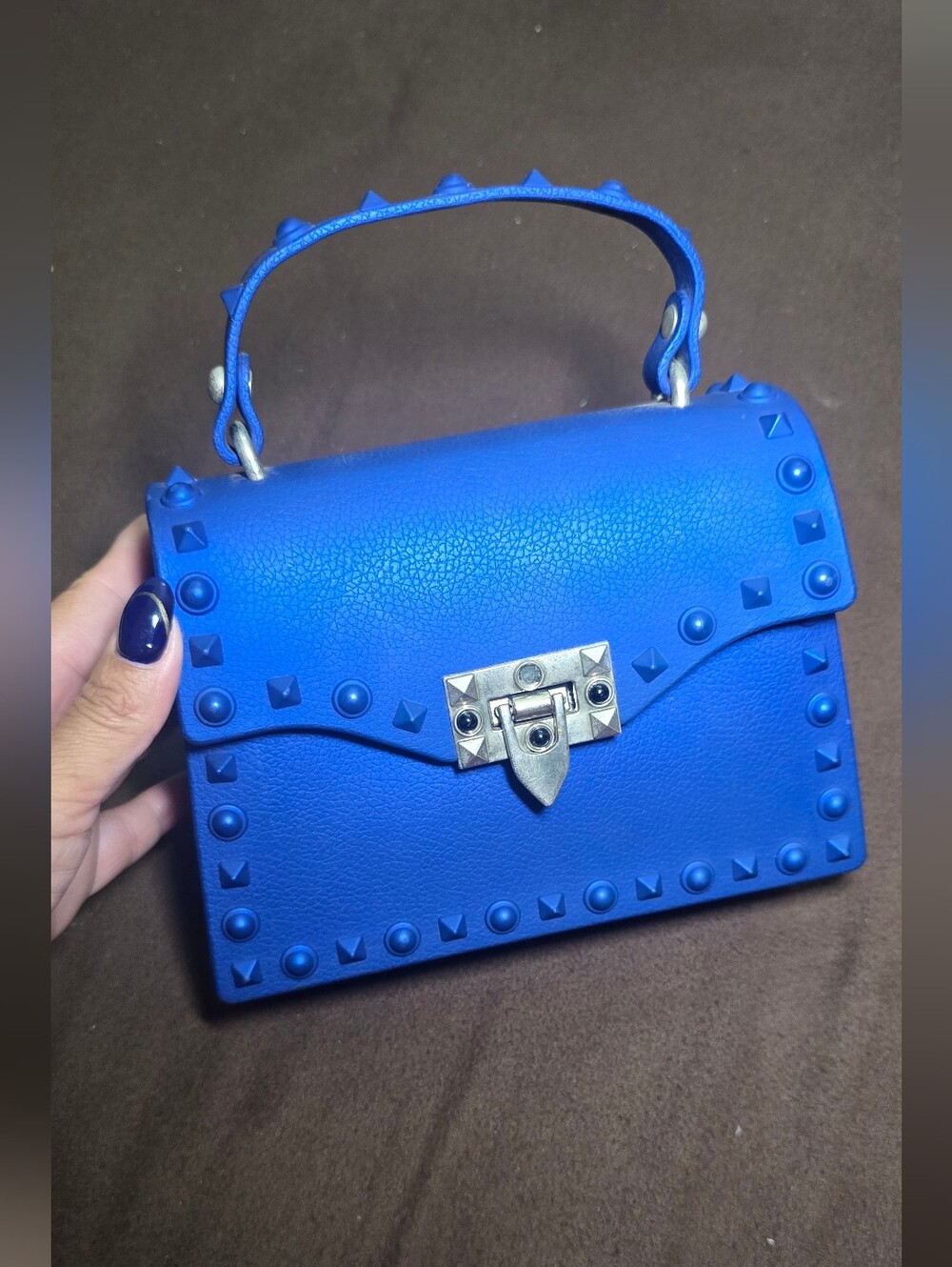 Blue Studded Crossbody Bag with Top Handle